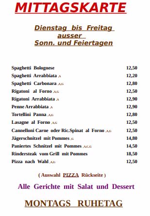 Speisekarte von Francos Esv Pizzeria Restaurant 